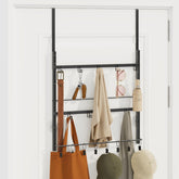 Consumest 3-tier over-the-door organizer storing coats and scarves behind the door.