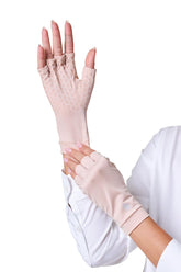 Coolibar Ouray beige fingerless gloves palm grip for secure outdoor tasks.