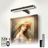 Coolilumi picture light with remote control highlights artwork with adjustable brightness.