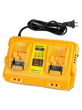 COOMYXIN DCB102 dual-port charger powers two DeWalt batteries on site.
