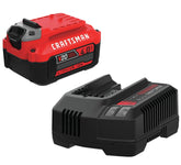 CRAFTSMAN V20 4Ah battery and charger front view, ready for quick charging