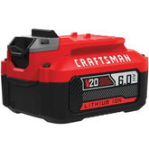 Craftsman V20 6Ah battery front view highlights compact design for easy handling.