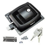 Creative Products Group Versa V latch front view highlights durable black powder coat for secure baggage enclosures.