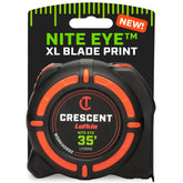 Crescent Lufkin 35 ft WorkHorse NITE EYE tape measure with high-contrast blade for dim work.