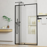 Ctlumh pivot door with matte black frame enhances style and space in small baths.