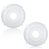 Cunno white two-piece ceiling medallion enhances fan or chandelier backdrop.