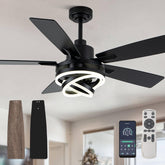 Curve Curio 52-inch black chandelier fan in a modern living room with ambient lighting