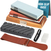 Cutluxe Whetstone base on acacia wood provides stable sharpening on any counter.
