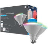 Cync GE PAR38 outdoor bulb lighting the front yard with color options for curb appeal