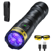 DARKDAWN 395nm UV flashlight front view showing compact design and brightness.