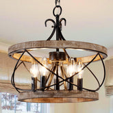 Dawn Whisper wood drum chandelier over dining table with rustic warmth