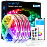 DAYBETTER LED strip lights brighten a room with vibrant RGB colors on the wall.