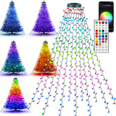 Dazzle Bright waterfall tree topper lights create cascading RGB colors for festive indoor displays.