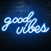 DECANIT Good Vibes neon sign with ice blue glow enhances wall decor ambiance
