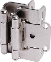 DecoBasics 1/2 inch overlay hinge closeup with satin nickel finish for durable cabinets.