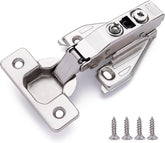 DecoBasics full overlay hinge with clip-on plate enables quick, quiet cabinet door closure.