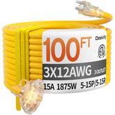 Deeklify 100ft 12ga extension cord for long outdoor reach.