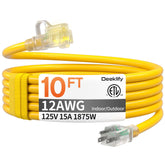 Deeklify 12awg 10ft outdoor extension cord with lighted end for safer nighttime visibility.