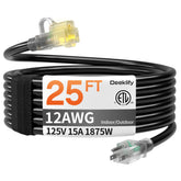 Deeklify 12AWG 25 ft extension cord with lighted end in outdoor use, powered status