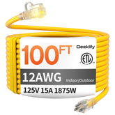 Deeklify 12-gauge 100ft outdoor extension cord, rugged and weather-ready.