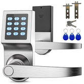 DeJAVU Lighting keypad door lock with handle on a front door for secure access.