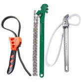 DEKELIY 12-inch aluminum nylon strap wrench used for oil filter removal with a non-scratch grip.