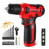 DEKOPRO 8V cordless drill with built-in LED for precise work in dim spaces.