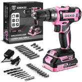 DEKOPRO pink cordless drill with battery indicator for easy power management.
