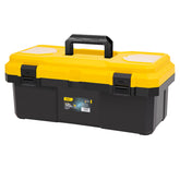Deli 18-inch tool box with lock and lid ensures secure transport of tools.