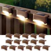 DenicMic solar deck lights on a deck provide warm, safe night illumination
