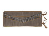 Denifiter wrench roll up pouch in rugged waxed canvas for secure tool transport.