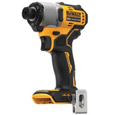 DEWALT 20V MAX impact driver front view highlights compact design for tight spaces.