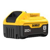 DEWALT DCB208 8Ah battery, front view, extended runtime for 20V tools.