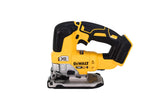 DeWALT DCS334B 20V jigsaw front view highlights compact balance for precise cuts.