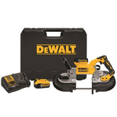 DEWALT DCS374P2 bandsaw in use delivering precise metal cuts