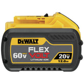 DEWALT FLEXVOLT 12.0Ah battery close-up showing robust build and runtime potential.