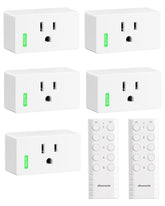 DEWENWILS 200ft range remote outlet setup showing five independent outlets for lamps