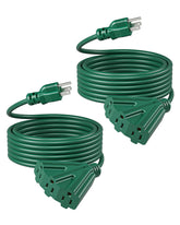 DEWENWILS 25ft green tri-tap extension cord powering outdoor lights and decor