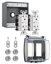DEWENWILS outdoor outlet box shown in a garden setting for reliable weatherproof power access