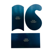 DFM Tool Works blue curved cabinet scraper card set demonstrates precise finish for fine woodworking