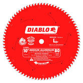 Diablo D1080N 10-inch 80T carbide-tooth blade for burr-free nonferrous metal cuts.