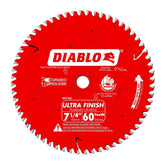 Diablo Ultra Finish carbide blade top view showing 60T teeth for wood.