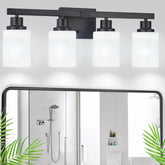 DIKAIDA bathroom light with four matte black fixtures for a bold, modern vanity.