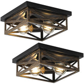 DIKAIDA rustic flush mount light with metal cage for hallway illumination.