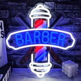 Dipomy Barber Neon Sign on wall with bright glow enhances shop ambience