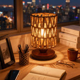 DKCONONY handmade rattan lamp shade close-up for warm ambient bedroom lighting.