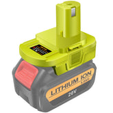 Generic DM18RL adapter front view; Dewalt to Ryobi compatibility for extended runtime.