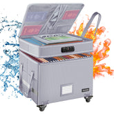 DocSafe fireproof box with lock and wheels, front view for secure storage.