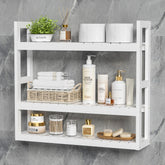 Domax over-toilet bamboo shelf in white provides space-saving bathroom storage.