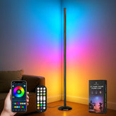 DomeStar Smart RGBIC Corner Lamp, angle view; enhances living room ambiance with vibrant colors.
